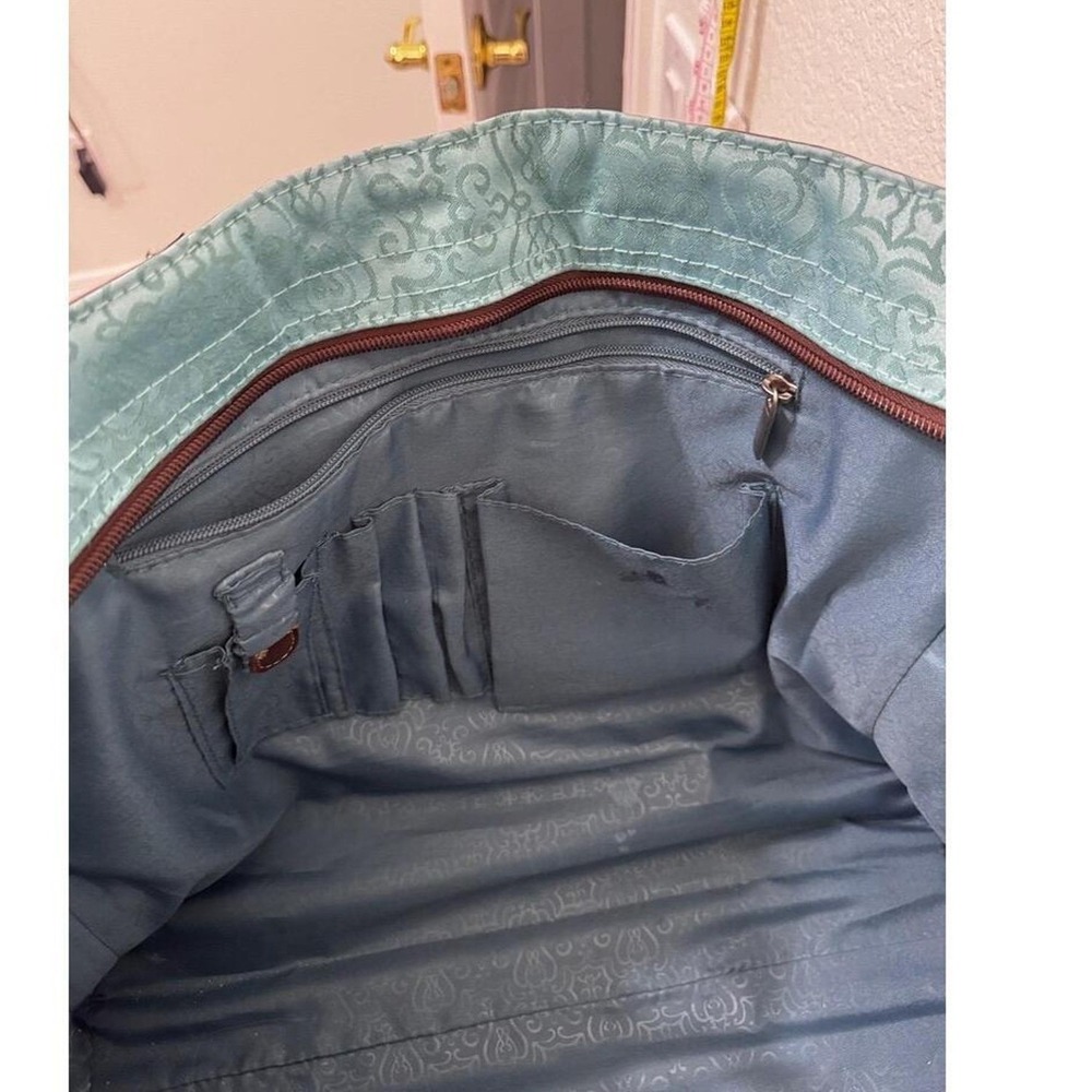 Reba Teal Dark Brown Trim Patterned Zip Sholder Bag Tote *see imperfections - Picture 5 of 15